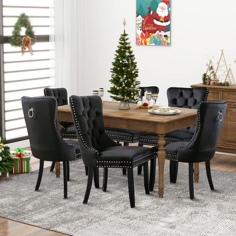 Dining Chairs Set of 6, Luxury Upholstered Velvet Kitchen Chairs Side Chair with Padded Seat Back and Solid Wood Legs - Black