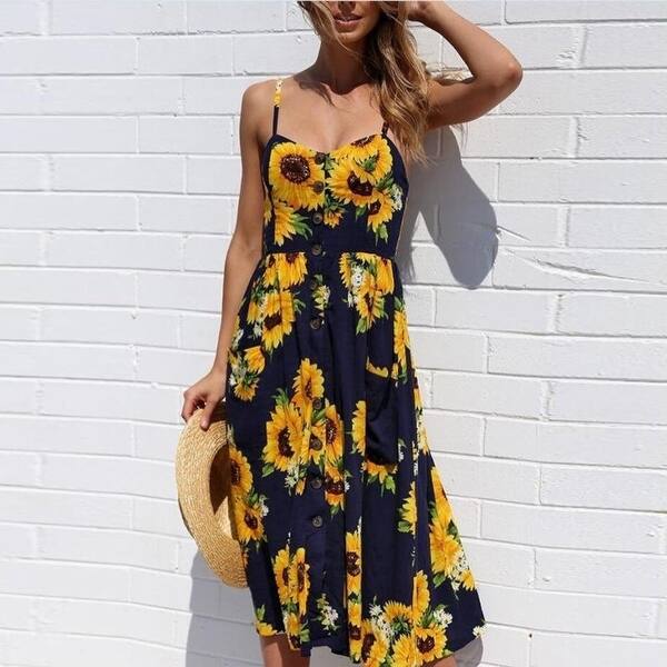 Shop Strap V Neck Summer Dress Women Sunflower Print Backless
