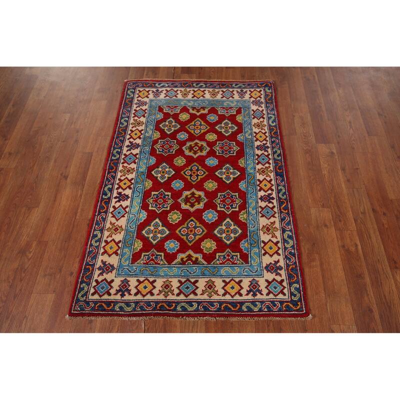 Kazak Accent Rug Hand-Knotted Geometric Red Wool Carpet - 2'8" x 4'1"