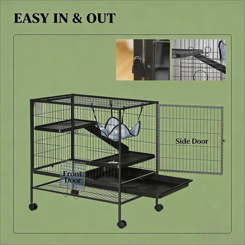 Pet House,Small Animal Hutch Cage,Small Pet Hutch with Wheels is designed for convenient cleaning - Black,Silver