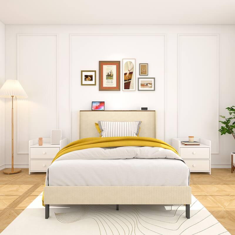 Full Size Metal Platform Bed with Charging Station, No Box Spring Needed, Easy Assembly, Noise Free