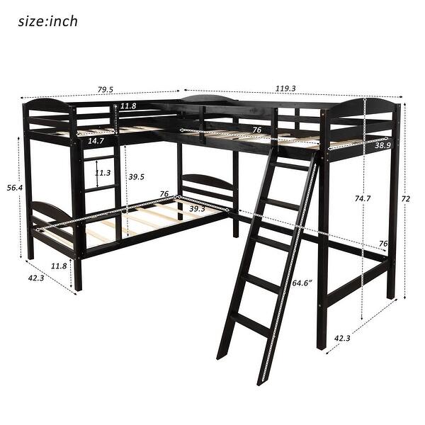 dimension image slide 1 of 3, Modern Twin Size L Shaped Solid Pine Wood Bunk Bed with Full Length Guardrail and 2 Ladder