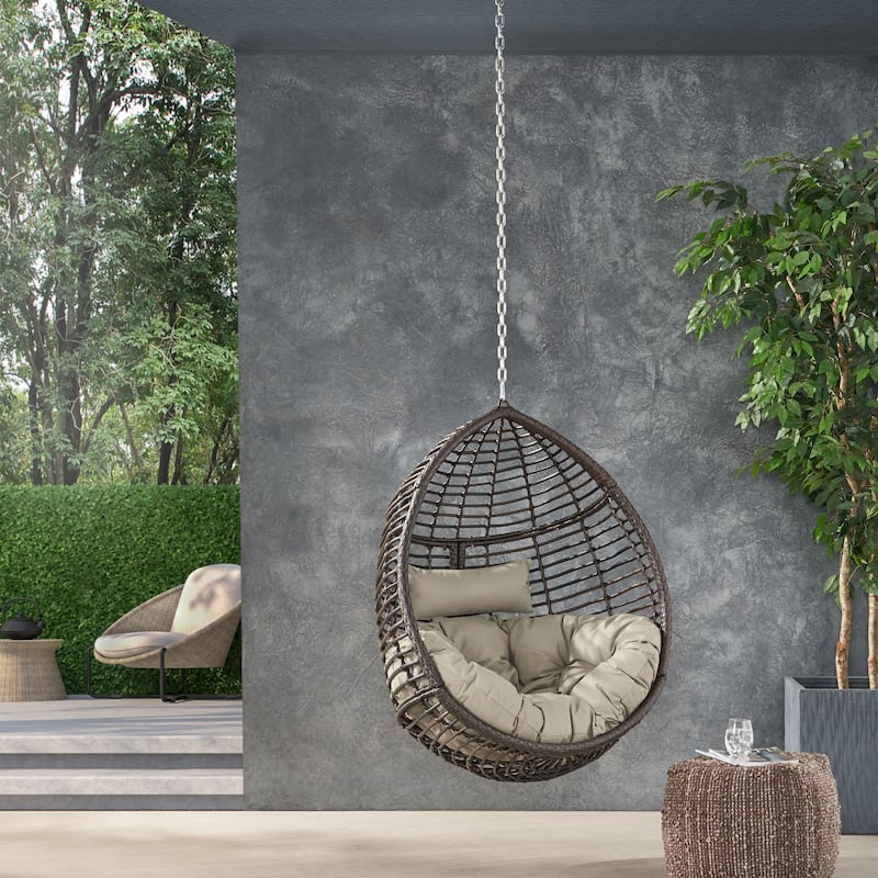 Rattan Egg Chair Teardrop Hanging Basket Chair with Water-Resistant Tufted Cushion & Suspension Chain Wicker Swing Chair