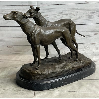 Pair Of Greyhounds - Two Slender Racing Dogs Handmade Bronze Sculpture By Fremiet