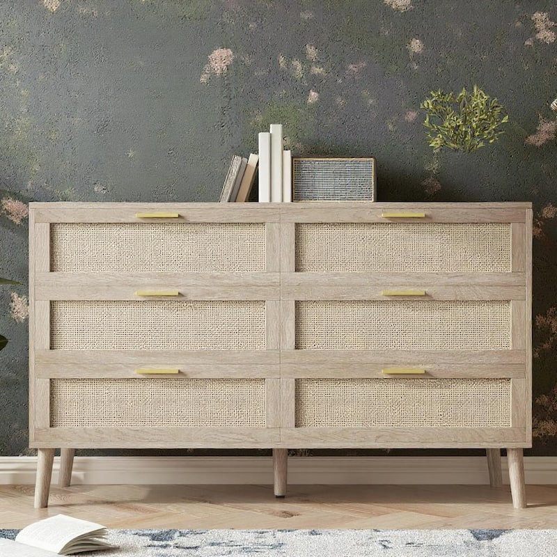 6 Drawer Rattan Dresser, with Handles - Wood