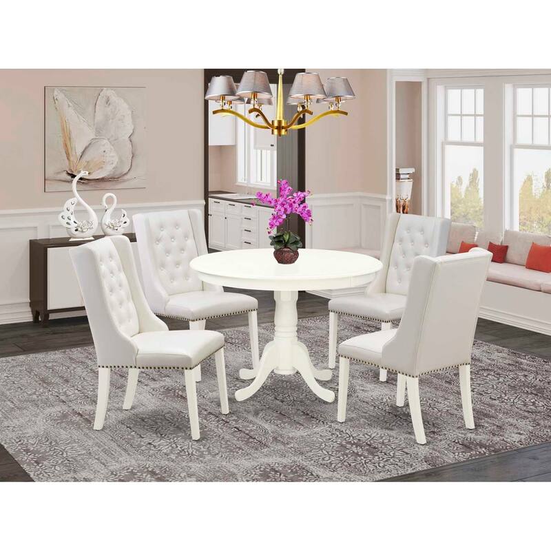 HomeStock 5-Piece Linen White Finish Solid Wood Top Dining table with 4 Chairs