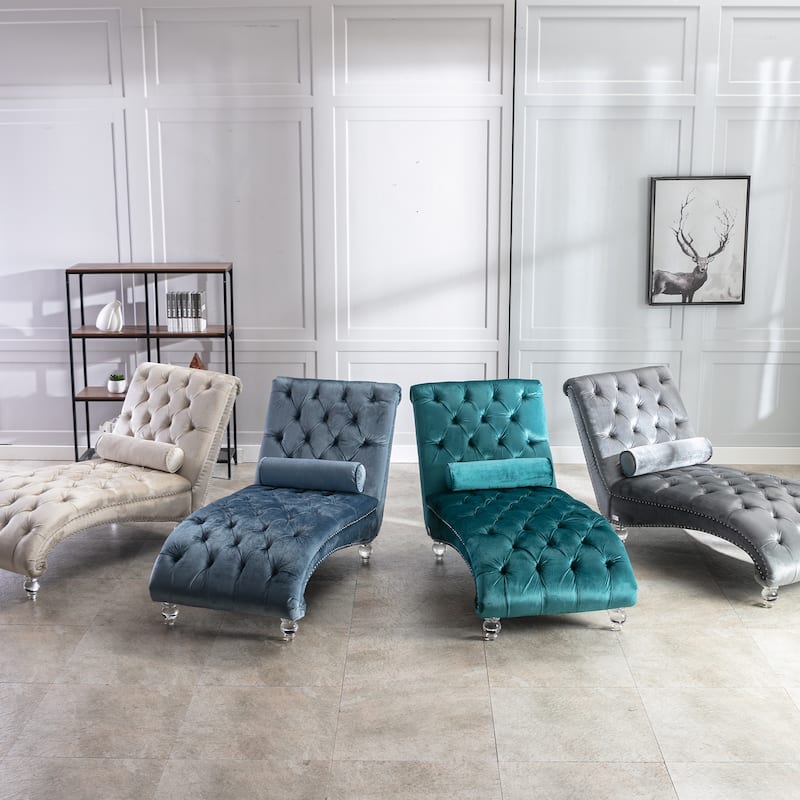 Light Blue Modern 63.98" Upholstered Buttons Tufted Chaise Lounge Chair with Pillow and Acrylic Legs