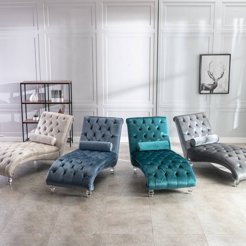 Silver Modern 63.98" Upholstered Buttons Tufted Chaise Lounge Chair with Pillow and Acrylic Legs