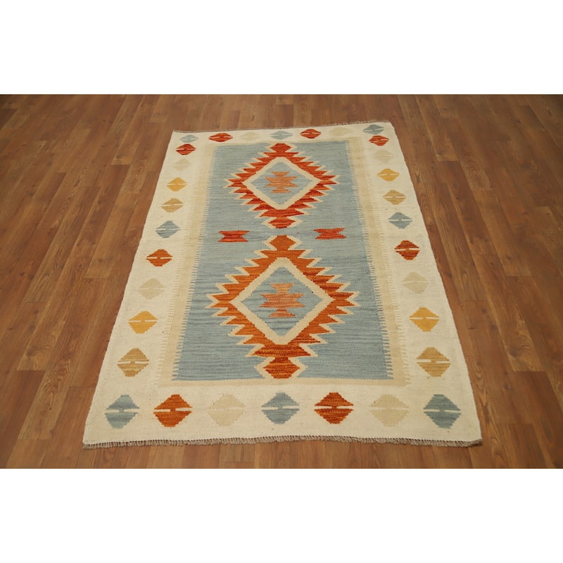 Hand Woven Oriental 100% Wool Carpet Southwestern Tribal Navy Blue & Blues Kilim Area Rug - 4' 9'' X 3' 2''