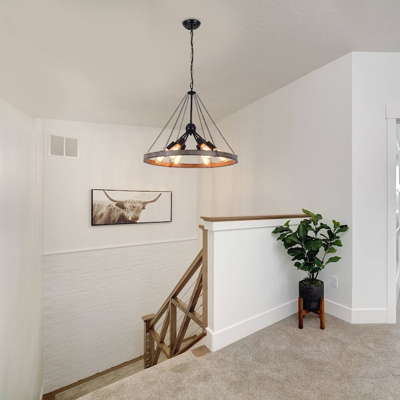 6-Light Modern Wagon Wheel Chandelier with Adjustable Chain for Study Foyer Kitchen Island