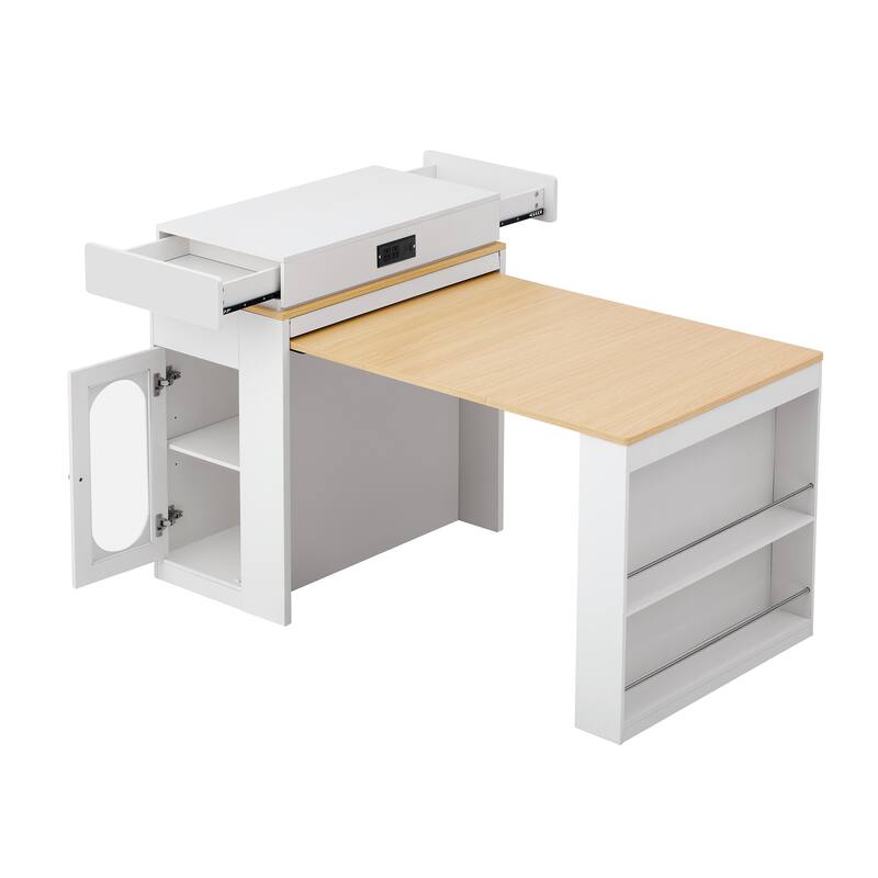 Extendable Kitchen Island Dining Table with Power Outlet, Rolling Sideboard with Folding Tabletop & Drawers