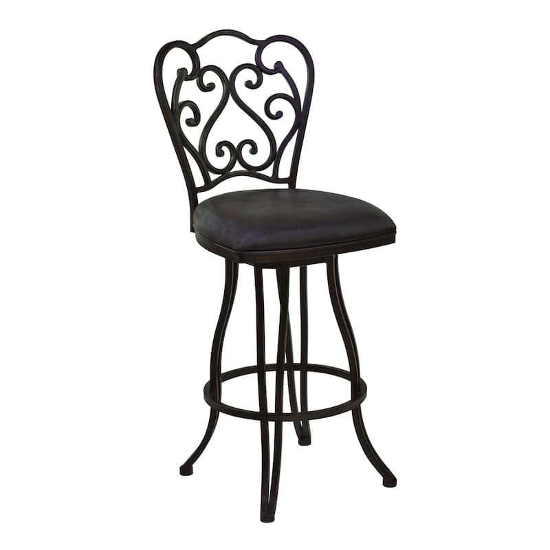 Espresso Fabric Swivel Bar Chair with Scroll Back Design, Iron Frame and Footrest - 19” x 22” x 48” (D x W x H) - Espresso