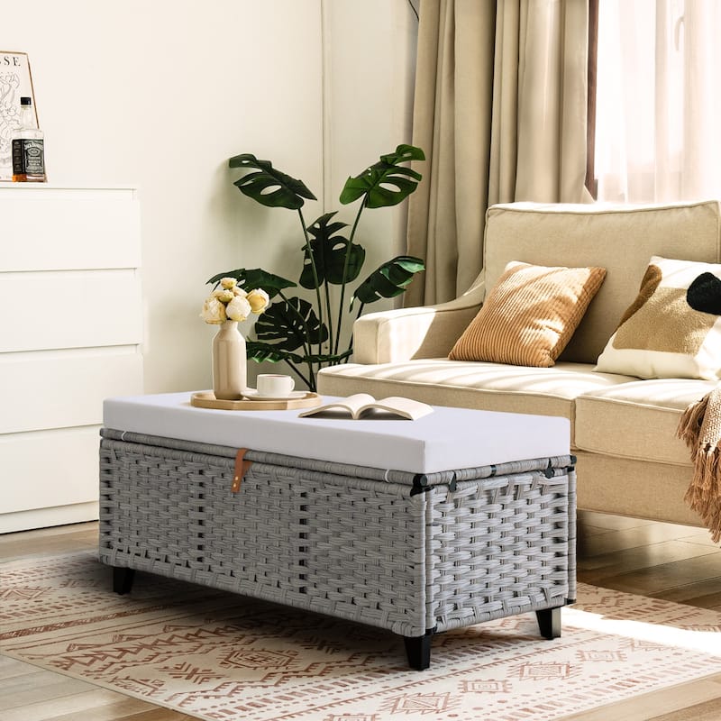 Wicker Storage Bench with Cushion for Bedroom, Living Room, Porch - 18.5'' H X 43.3'' W X 18.5'' D