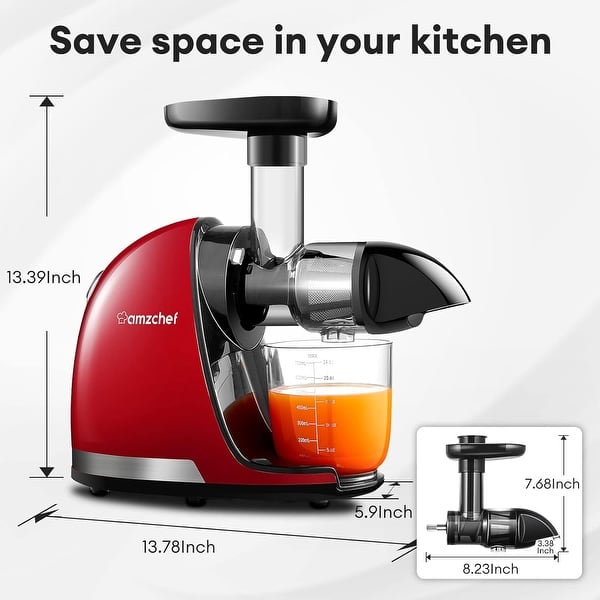 dimension image slide 2 of 5, AMZCHEF Slow Cold Press Juicer with Reverse Function, Masticating Juicer with 2 Cups & Brush, 150W, 90-110 RPM