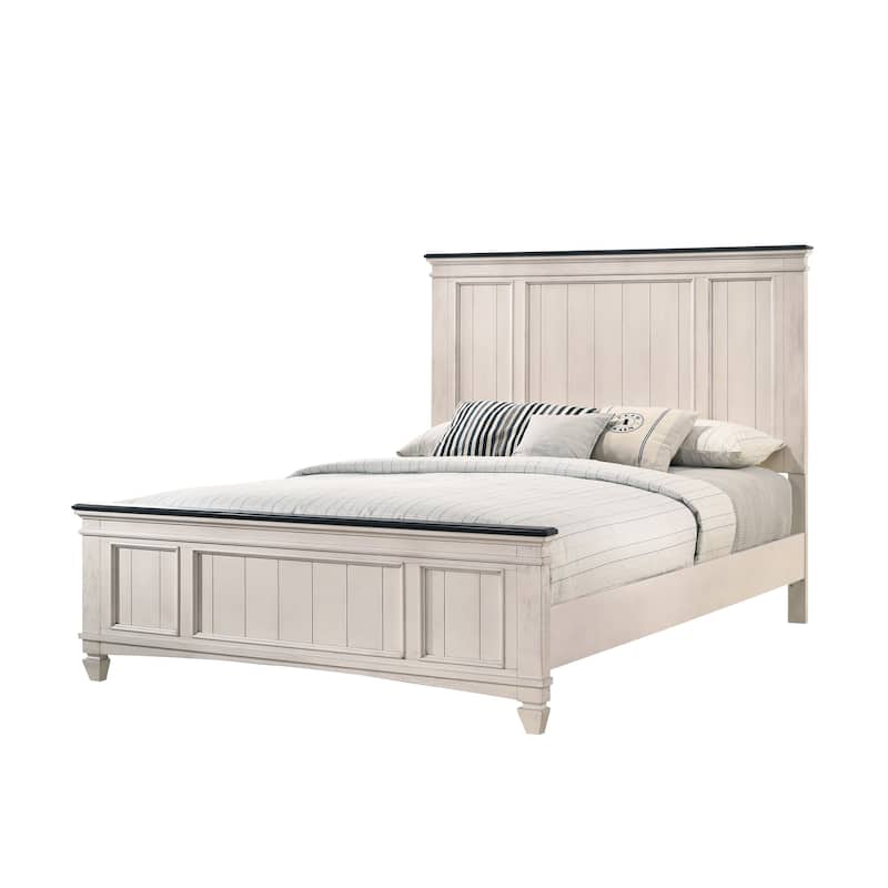 Queen Size Wood Panel Bed with Built-in Bench Footboard and Rustic Industrial Style