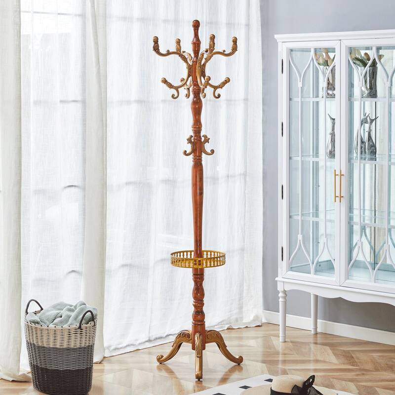 Modern Simple Coat Rack Solid Wood Hanger Stainless Steel Multifunctional Storage Rack with Key Holder, for Bedroom