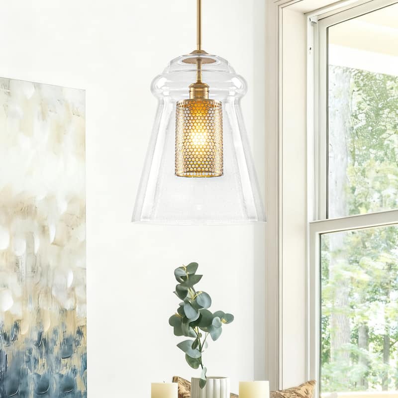 Modern Gold Kitchen Island Pendant Light with Clear Seeded Glass Shade - Dia.11.5-in - Dia.11.5-in