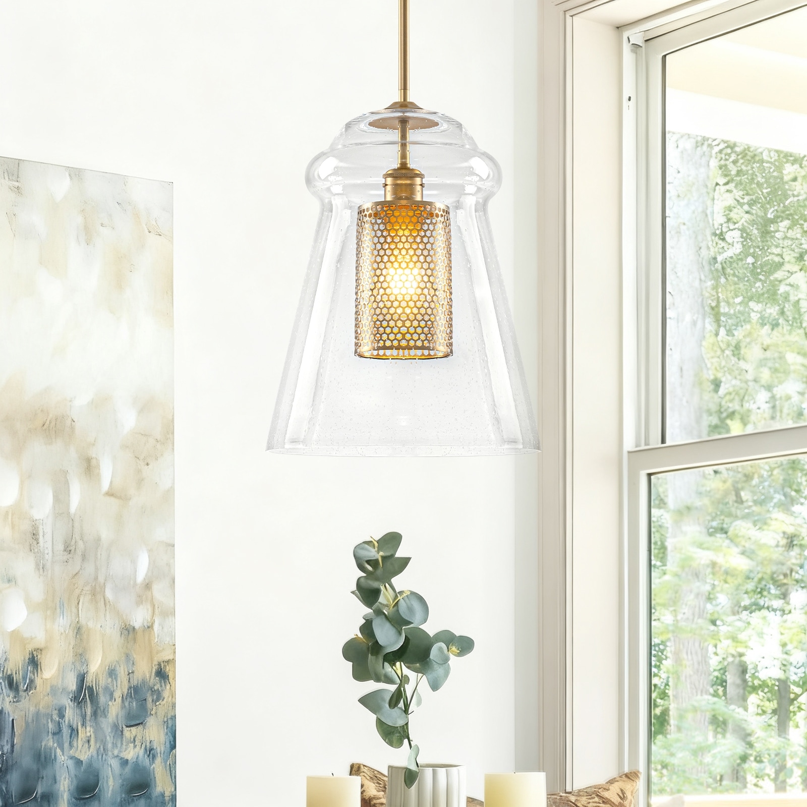 Modern Gold Kitchen Island Pendant Light with Clear Seeded Glass Shade - Dia.11.5-in