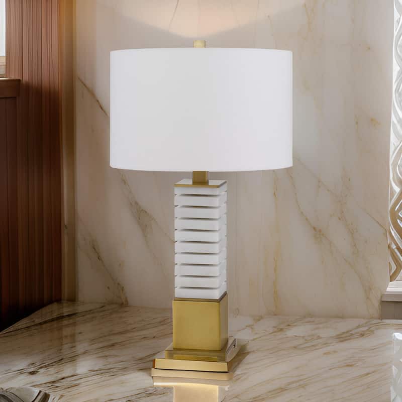 28 Inch Table Lamp, White Drum Hardback, Marble and Antique Brass Finish