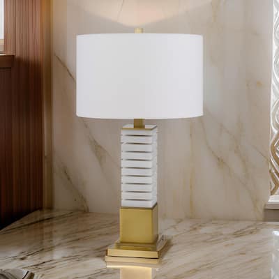 28 Inch Table Lamp, White Drum Hardback, Marble and Antique Brass Finish
