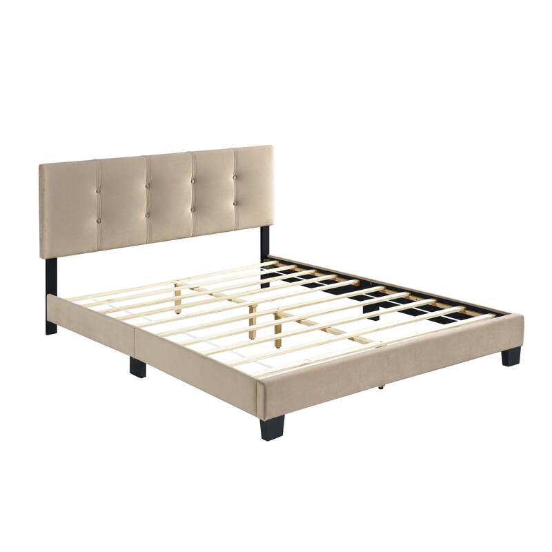 Queen Platform Bed with Adjustable Height Headboard, Light Brown Velvet Upholstery, Solid Wood Frame