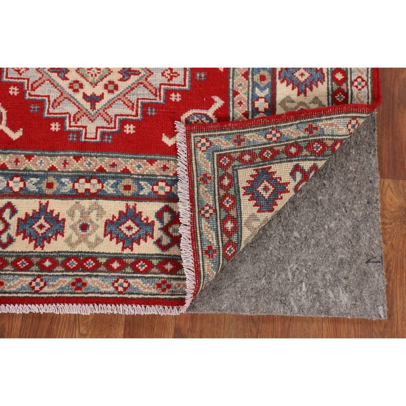 Red Geometric Kazak Accent Rug Hand-Knotted Wool Carpet - 3'4" x 4'11"