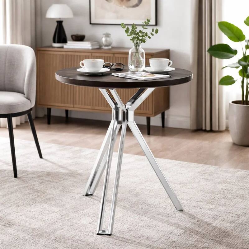 43 Inch Modern Bar Table, Gray Round Top, Polished Chrome Angled Legs
