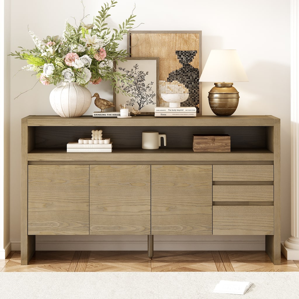 3-Door Sideboard Cabinet with Open Shelf, Freestanding Wood Storage Cabinet, Accent Cabinet with 3 Drawers & Internal Shelf