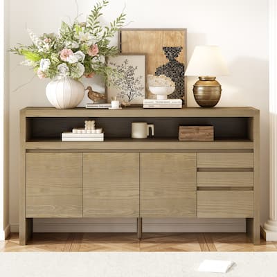 60" 3-Door Sideboard with 3 Drawers - Solid Ash Veneer MDF Sideboard, Semi-Open Shelf & Center Semi-Circular Cutout
