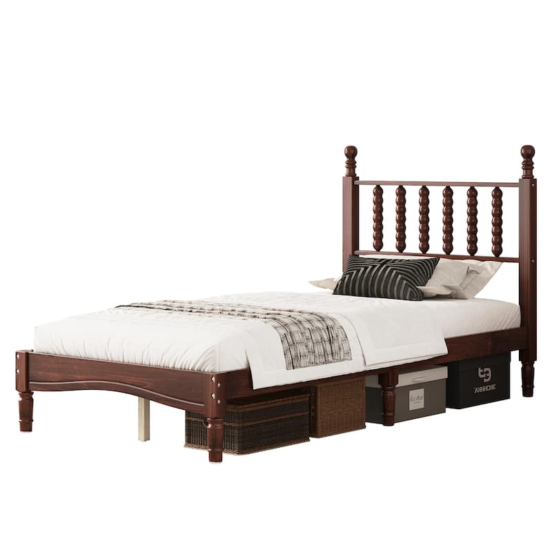 Twin/Full/Queen/King Retro Style Wood Platform Bed with Gourd Headboard and Wooden Slat Support