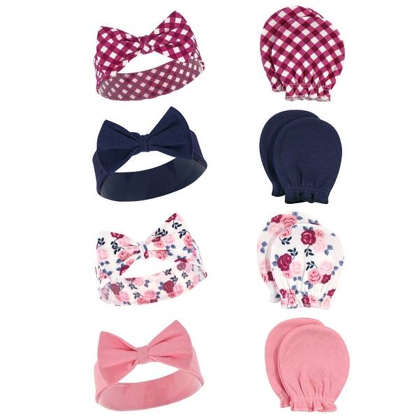 slide 1 of 1, Hudson Baby Infant Girl Cotton Headband and Scratch Mitten Set, Pink Navy Floral, 0-6 Months - Pink Navy Floral Pink Navy Floral - 0-6 Months