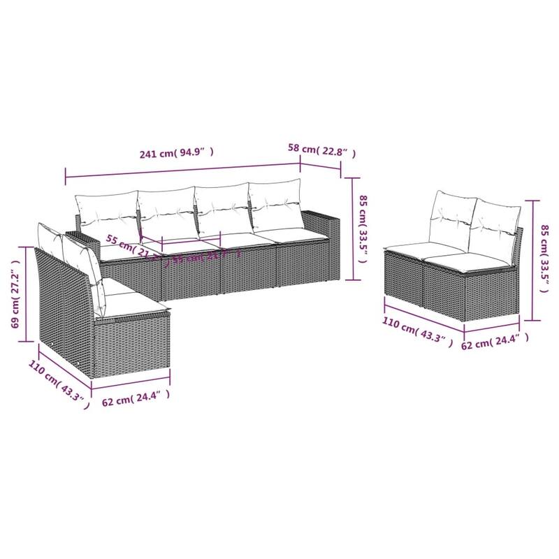 vidaXL 8/9 Piece Patio Sofa Set with Cushions Black Poly Rattan - 21.7" x 24.4" x 27.2"
