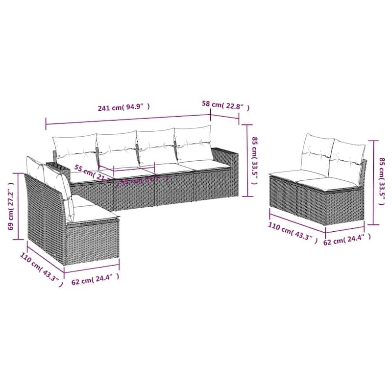 vidaXL Garden Sofa Set Grey, Dark Grey PE Rattan Large Adjustable Feet - 24.4 x 25.8 x 27.2
