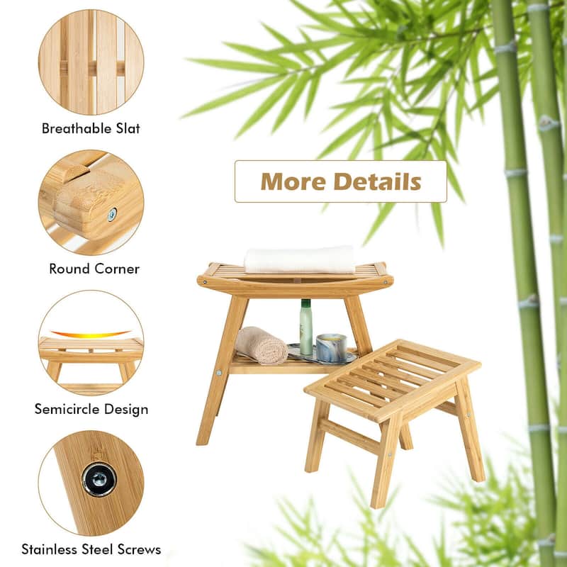 Bamboo Shower Seat Bench w/Underneath Storage Shelf, Spa Bath Seat