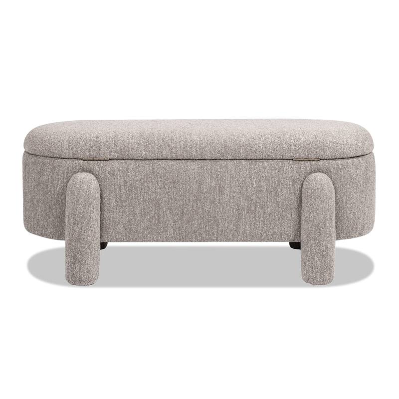 Oval Upholstered Storage Bench, Boucle Fabric Entryway Bench, Shoe Bench with Hidden Storage Space & Round Legs