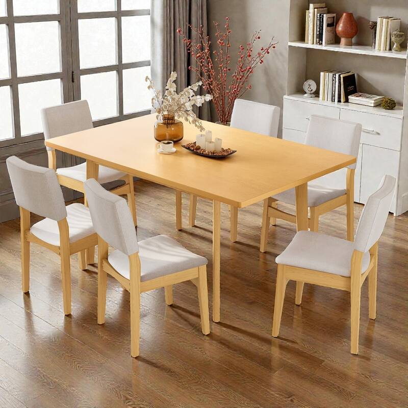 7-Piece Modern Dining Set with Solid Wood Table and Beige Upholstered Linen Chairs, Space-Saving Stackable Design - Natural