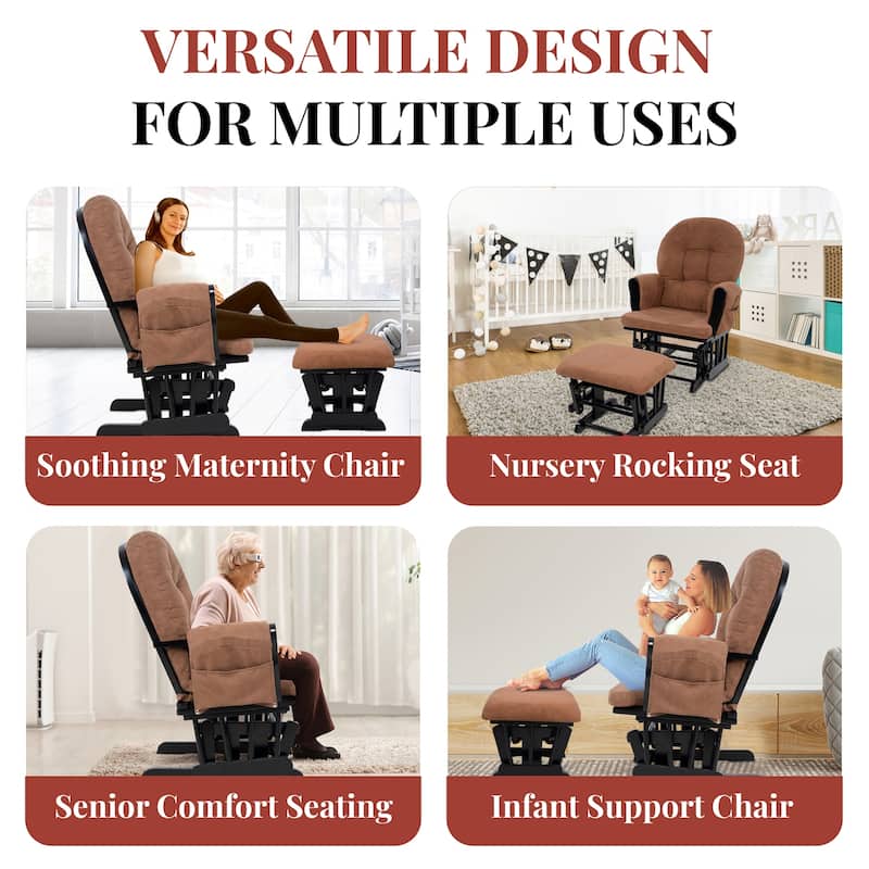Nursery Glider and Ottoman Set - Reclining Rocker Chair with Padded Back, Armrests, and Cushions