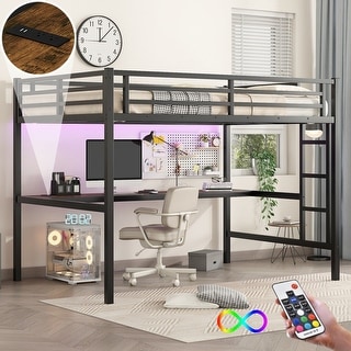 Modern Full XL Metal Loft Bed with Power Outlet and LED Lighted