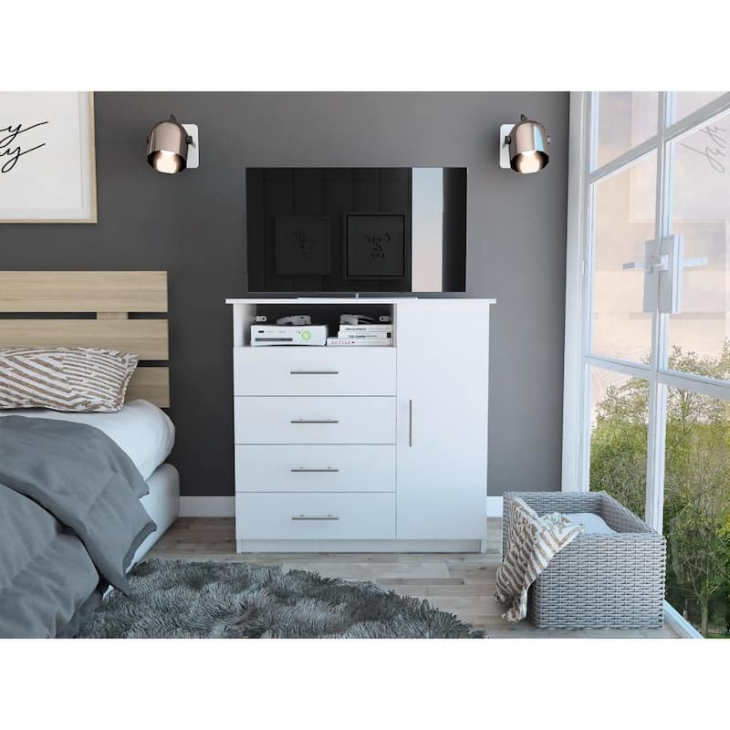 TUHOME Peru 4 Drawer Dresser with Vertical Cupboard & Open Shelf