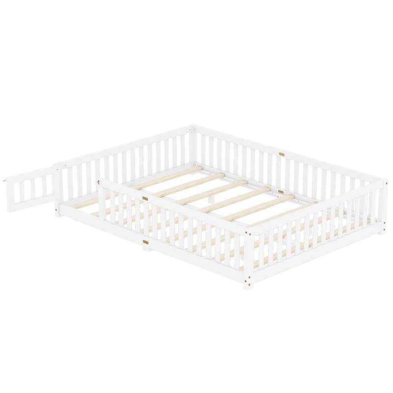 Queen Size Pine Wood Floor Bed with Safety Guardrails and Door for Kids, Boys, Girls, Bedroom