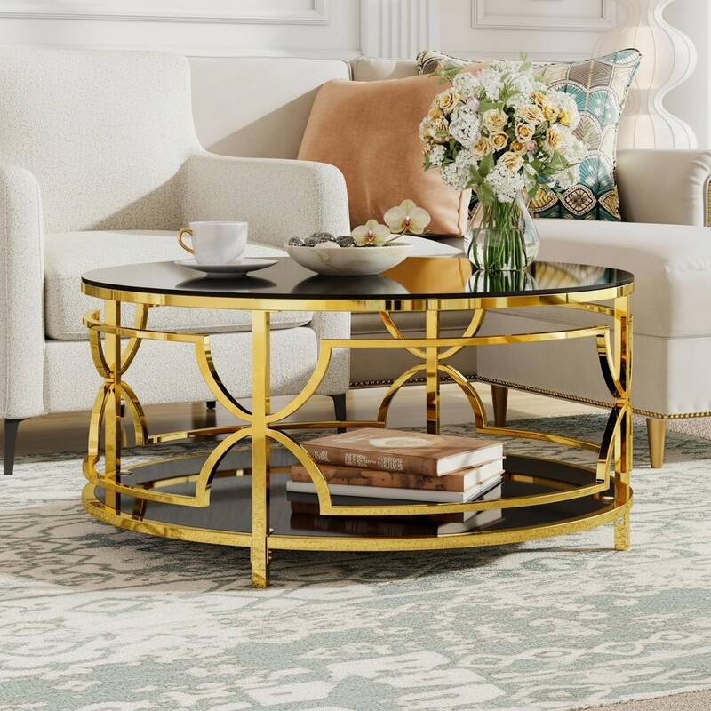 Round Glass Coffee Table with Luxurious Geometric Metal Frame by Harper&Bright Designs - Black