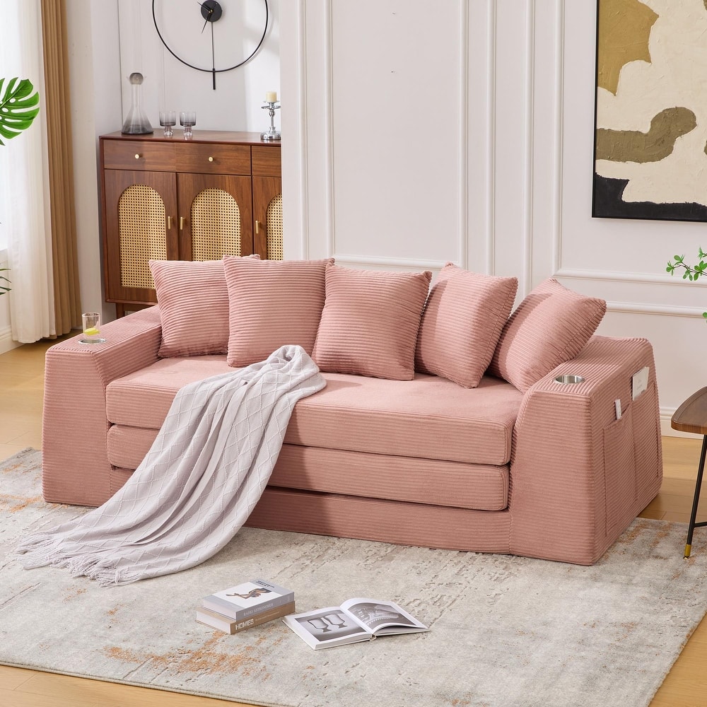 2-in-1 Convertible Corduroy Sofa Bed Folding Sleeper Loveseat Couch Full Floor Bed with Pillows, Storage Pockets and Cup Holders