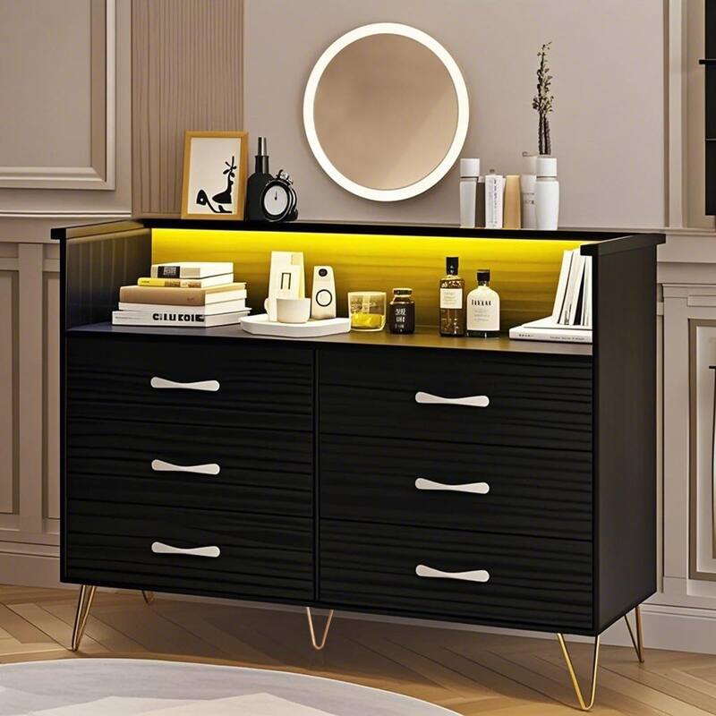 6-Drawer Dresser for Bedroom with LED Lights & Charging Station, Wood Storage Chest with Steel Frame