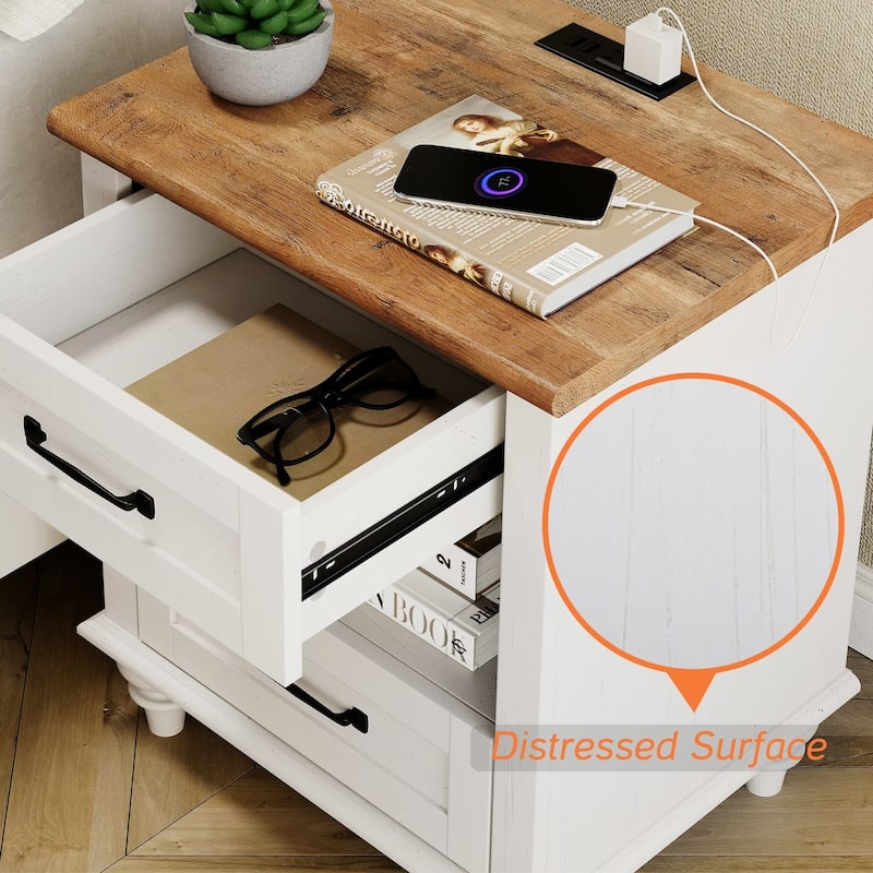 Farmhouse Nightstand Bedside Table, Wood 2-Drawer Side Table