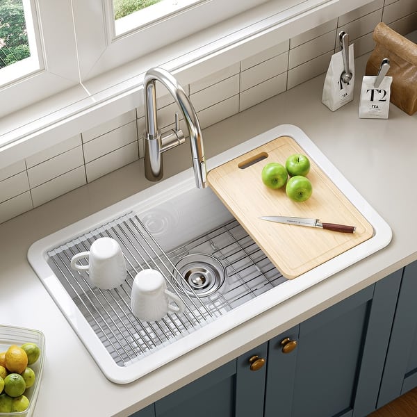 slide 2 of 16, MorningGlow 33 in. Undermount/Drop-In Single Bowl White Fireclay Workstation Kitchen Sink with Accessories White