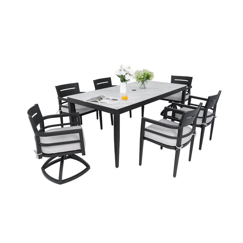 7-Piece Outdoor Patio Aluminum Dining Set with Marble-pattern Tabletop, 2 Swivel Rocker & 4 Armchairs, Umbrella Hole