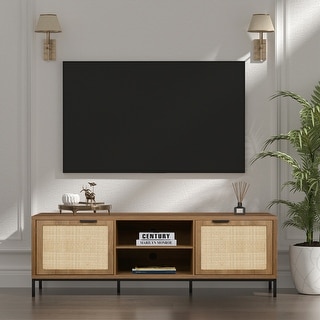 Anmytek Farmhouse 58" Wood TV Stand Fits TV's up to 65" Rustic Oak TV Console Media Table with 2 Rattan Doors