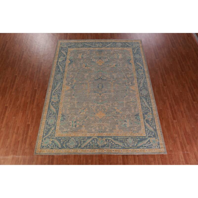Hand Knotted Oriental 100% Wool Carpet Transitional All-Over Greys & Charcoal Oushak Area Rug - 12' 0'' X 9' 5''