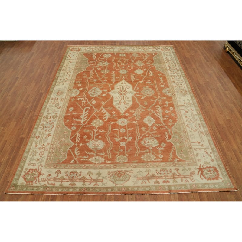 Orange Wool Floral Oushak Vegetable Dye Area Rug, Floral Geometric Carpet - 11' 9'' X 9' 0''