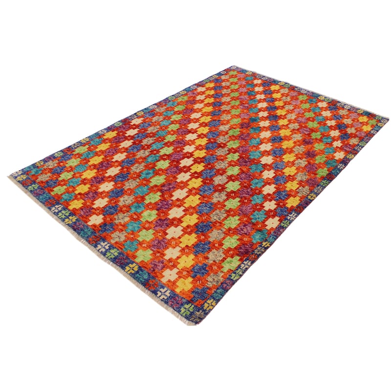 Shabby Chic Balochi Medina Orange/Blue Hand Knotted Wool Rug - 4'10'' x 6'7''
